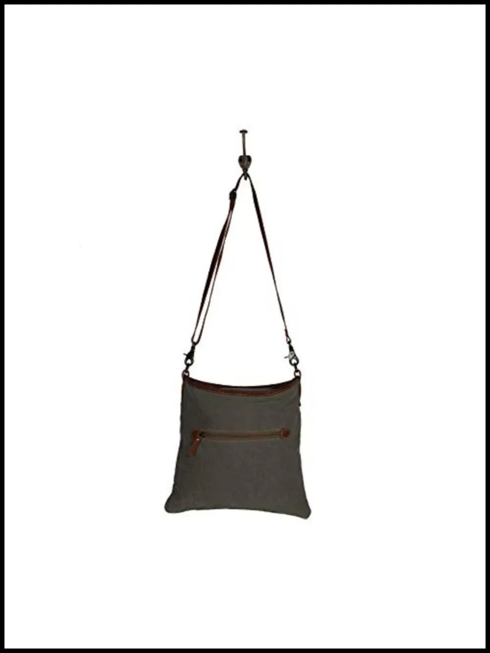 Canvas Western Shoulder Bag with Leather Strap - Geometric Pattern